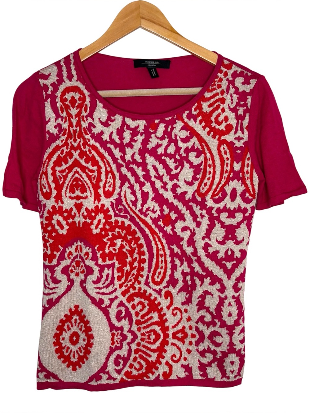 Weekend MaxMara top red fuchsia intarsia paisley front size medium